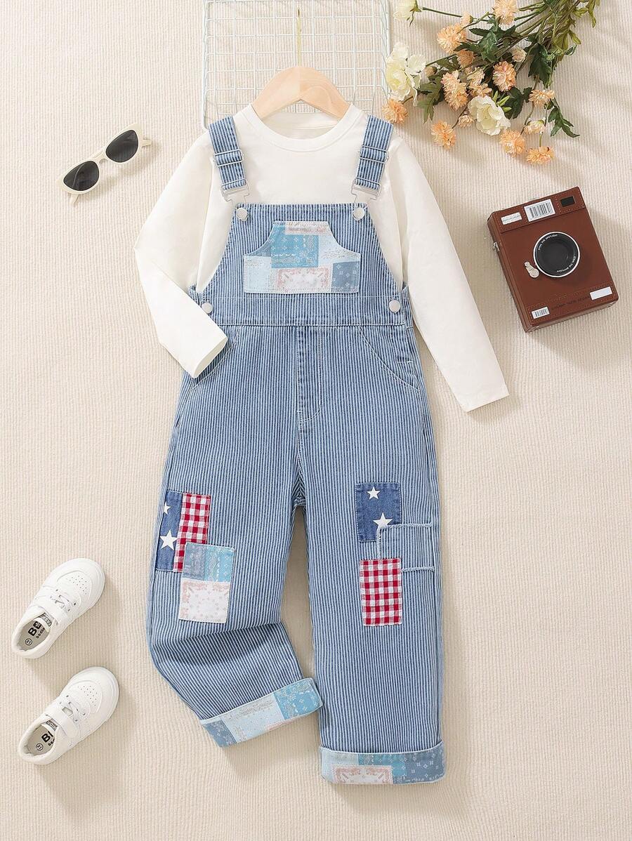 Vintage Patchwork Overalls Jumpsuit For Kids, Denim Suspender Pants - Blue - View 1