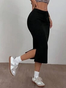 SHEIN EZwear 高彈力和冷感面料的純色劈邊抽繩腰裙 - 黑色 - 查看 8