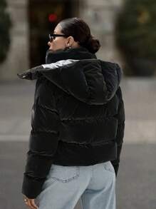 EURMUSE Zip Up Flap Pockets Padded Jacket With Hood - Black - View 2