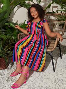 SHEIN 青少女加大尺碼寬鬆休閒條紋拼色連身裙，配有蝴蝶結裝飾