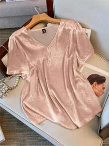 SHEIN LUNE Plus Size Nữ Màu Trơn Cổ Chữ V Tay Ngắn Họa Tiết Kim Loại Áo Sơ Mi Thường Ngày Cho Mùa Hè - Màu Hồng baby - Xem 5