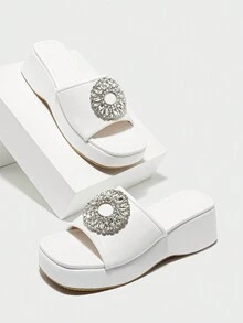 Women's Chunky Heel Peep-Toe Slip-On Rhinestone Shiny Mule Sandals, Breathable Casual Platform Wedge Summer Shoes, White