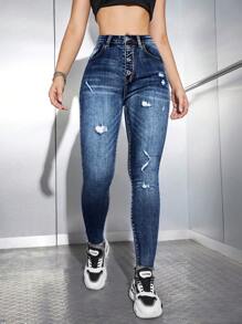 SHEIN EZwear Damskie, obcisłe jeansy zapinane na guziki, z dziurami, wszechstronne - Królewski Niebieski - Zobacz 4