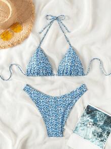 SHEIN Swim 女式夏季海灘小花隨機印花露背頸帶性感比基尼套裝 - 藍色 - 查看 3