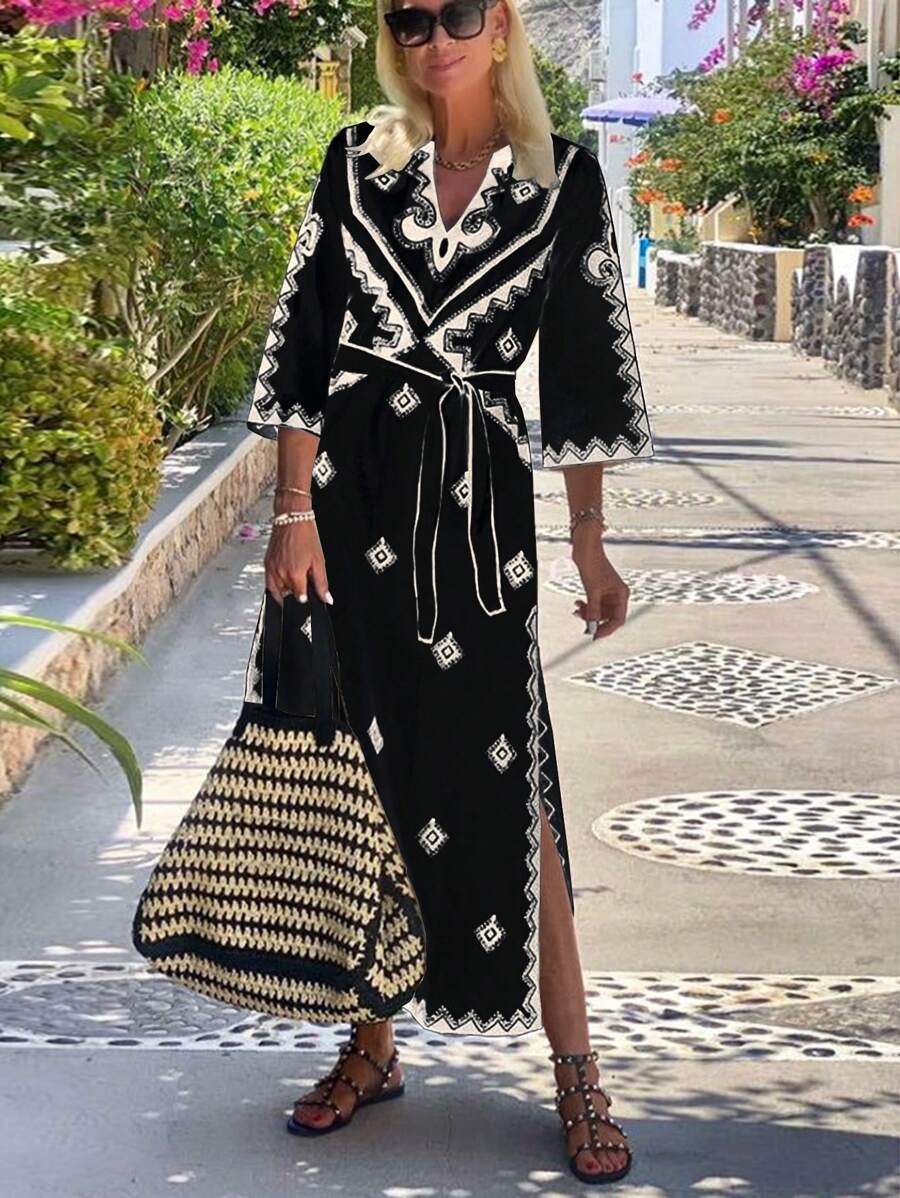 SHEIN LUNE 女式幾何印花V領割線長袖側開叉寬鬆裙，適用於度假