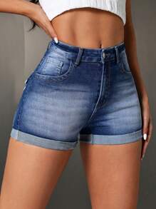 SHEIN Tall Quần short denim ôm vừa vặn viền giản dị mùa hè - Màu xanh lam - Xem 3