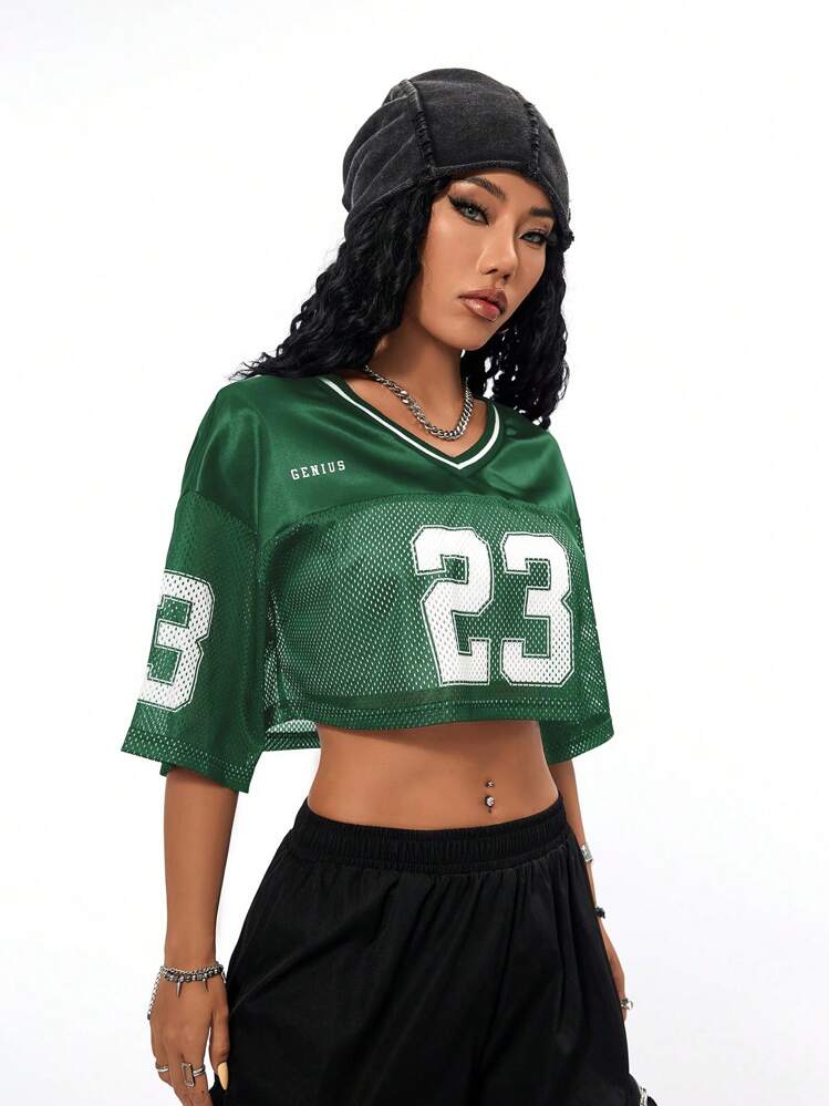 SHEIN Coolane Women's Street-Style Cool Vintage Sport Soccer Jersey Letter Print Y2K Blokecore Cropped Versatile T-Shirt - Green - View 5