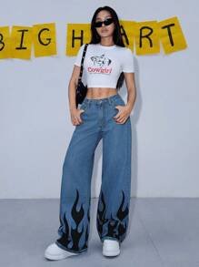 SHEIN ICON 火焰印花女士寬鬆牛仔褲，寬腿休閒褲，附有口袋 - 寶藍色 - 查看 3