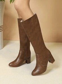 Women's Ankle Boots, Round Toe Chunky High Heel Boots For Spring, Autumn And Winter, Mid-Calf Casual Boots In European And American Style, Party - Brown - View 6