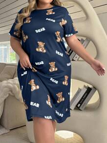 Plus Size Cute Bear Printed Sleeping Pajama Dress - Navy Blue - View 4