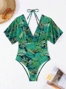 SHEIN Swim 女士休闲连体泳衣，随机印花设计，适合夏季日常穿着 - 彩色 - 查看 4
