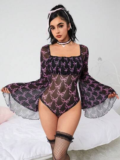 Kawaii Summer Sexy Bowknot Printed See-Through Bodysuit With Bell Sleeves