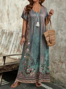 EMERY ROSE Plus Size Women's Summer Green Printed Long Dress,Vacation/Spring - Green - View 1