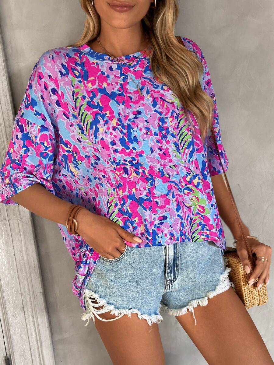 SHEIN LUNE Fashionable Camouflage Print Oversized Round Neck Drop Shoulder Women's Basic T-Shirt - Multicolor - View 1