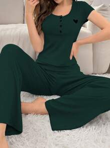女士纯色简约日常无袖上衣和长裤家居服套装 - 墨綠色 - 查看 6