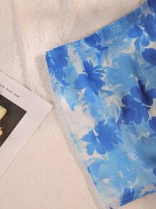 SHEIN Unity Ladies' Blue Floral Print Chiffon Midi Skirt, Perfect For Vacation - Multicolor - View 6