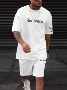 Manfinity LEGND Men's Summer Letter Print Short Sleeve Casual T-Shirt And Drawstring Waist Shorts Set