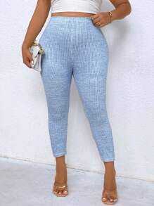 SHEIN LUNE Plus Size Solid Color Ribbed Skinny Tights - Blue - View 3