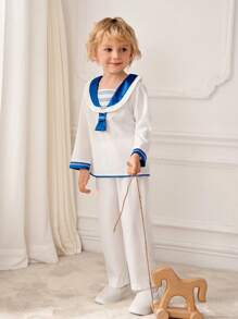 SHEIN 2pcs Young Boy Bright Navy Collar Long Sleeve Top And Relaxed Fit Pants Sets, Lightweight For Spring/Autumn - Multicolor - View 3