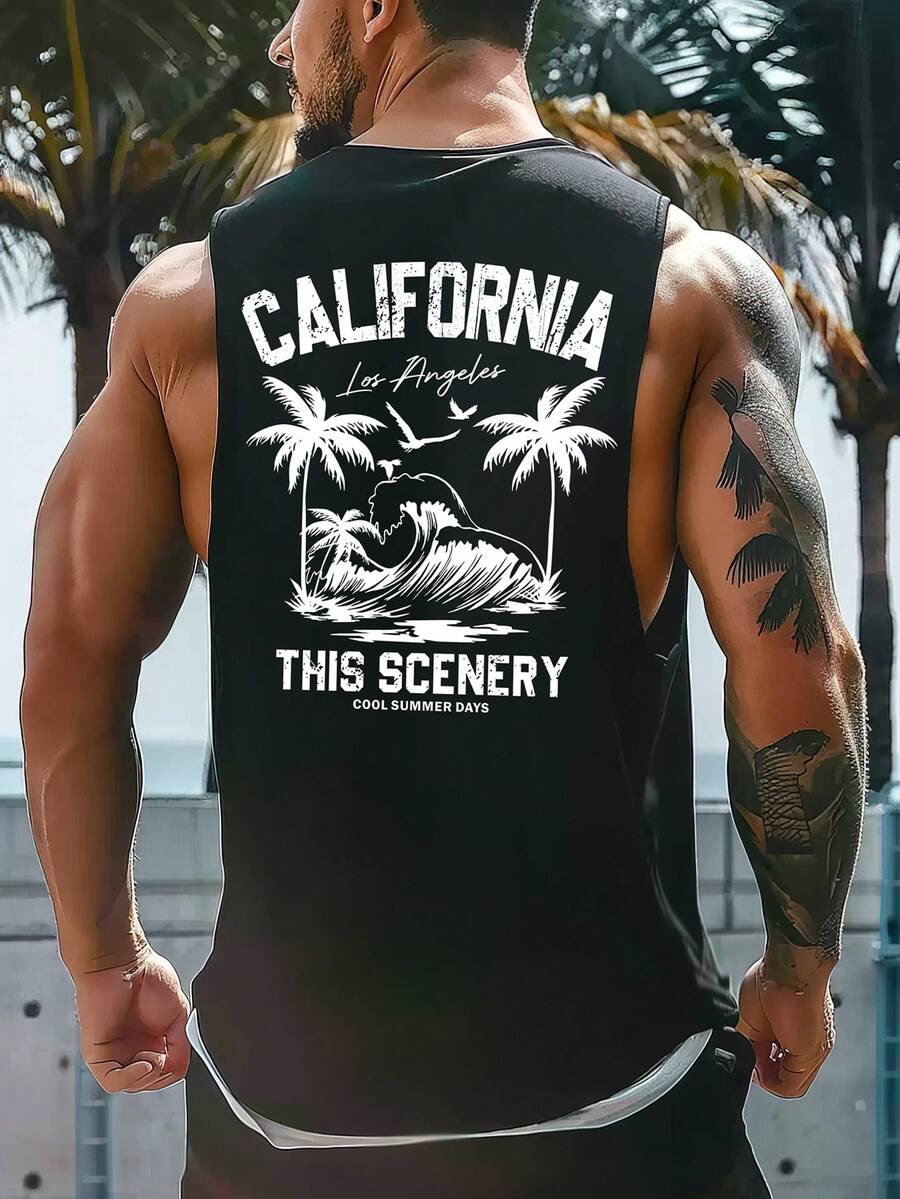 Men's Simple Printed Sleeveless Summer Tank Top - Black - View 1
