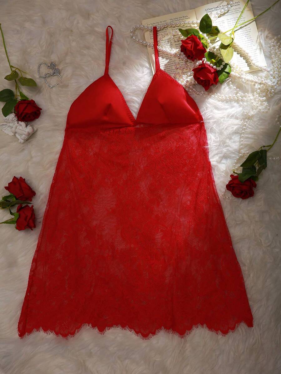 Charlaine Women's Lace Splice Sheer Cami Sexy Pajama Night Dress Bridallingerie - Red - View 1