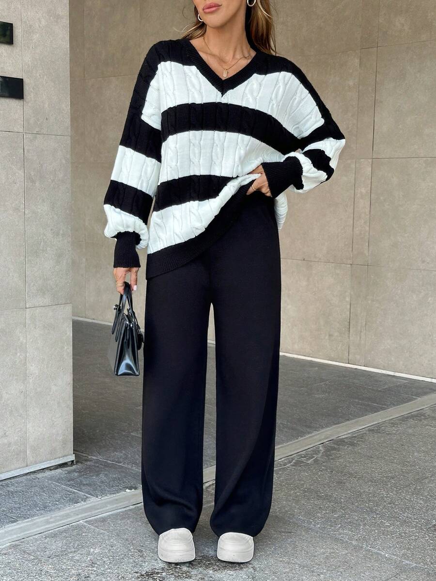 RueChic Two Tone Drop Shoulder Sweater & Knit Pants - Black and White - View 1