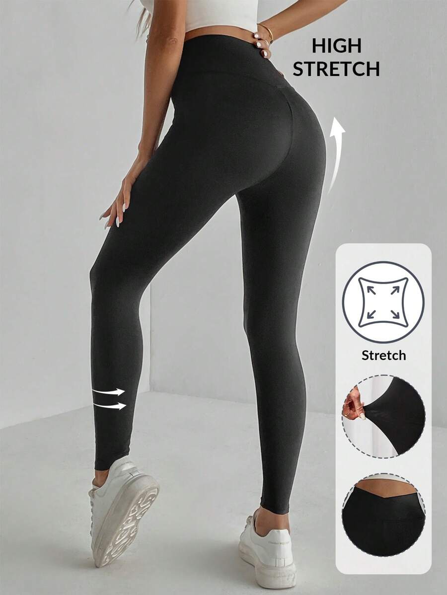 SHEIN Tall Quần áo mùa hè Quần legging cạp cao rắn - màu đen - Xem 1