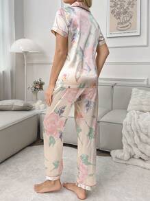 花卉印花仿丝短袖衬衫和长裤睡衣套装 - 彩色 - 查看 2