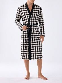 男士格紋對比邊飾腰帶睡袍 - 棕色 - 查看 1