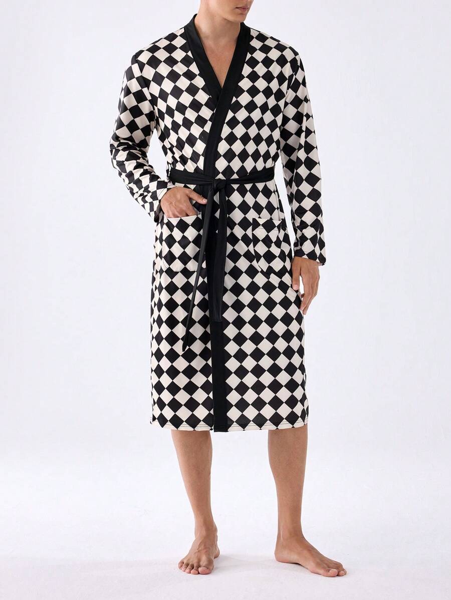 男士格紋對比邊飾腰帶睡袍 - 棕色 - 查看 1