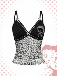 Betty Boop | ROMWE Camiseta sin mangas para mujeres con patrón de encaje contrastante y diseño de dibujos animados