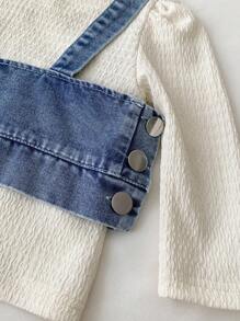 SHEIN 3-teiliges Modisches Tops-Set für Baby Mädchen, bestehend aus Denim-Träger-Top, Handtuch-besticktem Blumentop und niedlichem Denim Rock - Verschiedenfarbig - Übersicht 6