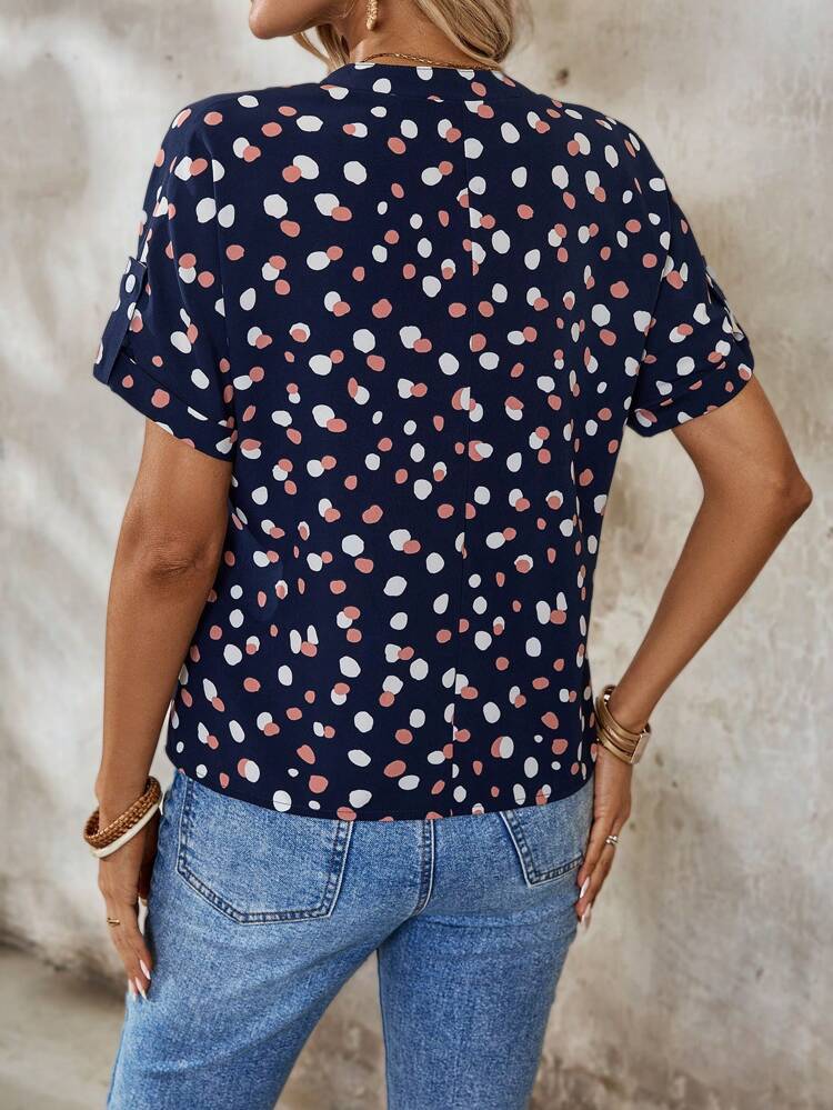 Women's Printed Notched Collar Roll-Up Sleeve Shirt Women Blouses Basic T Shirt