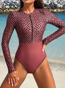 Swim SPRTY Women's Long Sleeve-One-Piece Zip-Up  Rash-Guard With All-Over Print, Summer Sports Beachwea - Multicolor - View 4
