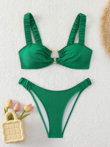 SHEIN Swim Ensemble de bikini unicolore pour femmes avec une connexion plissée en cercle pour la plage d'été