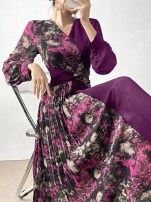 Modelyn Đầm dự tiệc dài tay xếp ly cổ chữ V in họa tiết chắp vá dành cho nữ - Màu tím - Xem 1