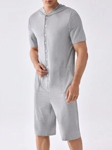 Men's Solid Color Hooded Short Sleeve Romper With Front Button & Pocket For Summer Home Wear - Light Grey - View 7
