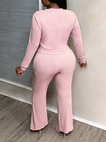 Slaydiva Lässiges Slim-Fit Set in unifarbener Lotus-Rosa Farbe für Große Größen, bestehend aus Rundhals Langarm-Top und hochgezogener Taille Lange Hose, für Herbst/Winter