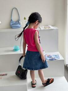SHEIN 2pcs/Set Cute & Lively Girls Outfit: Fashion Casual Tank Top With Bow Applique + Denim Skirt, Suitable For Summer Commute & Daily Wear - Multicolor - View 2