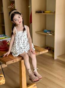 SHEIN Girls' Summer Holiday  Cute Polka Dot Printed Tank Top & Ruffled Lantern Pants Two-Piece Set - Coffee Brown - View 6