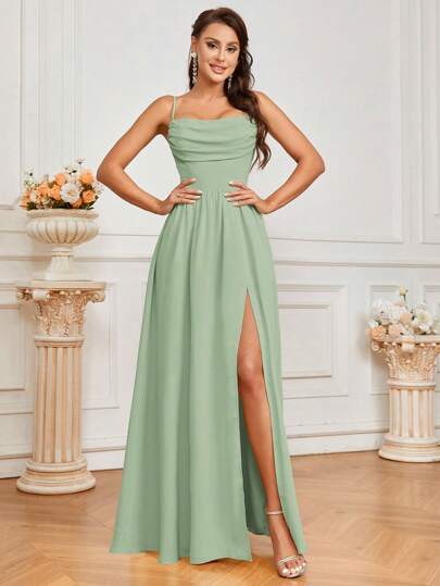 SHEIN Belle Elegant brudtärnklänning med främre krage, fickor och genomskinlig design bak, med knytband i midjan, A-linje och hög slitsstil (vuxenstorlek)