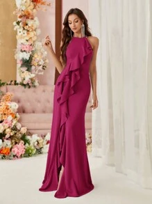 SHEIN Belle Váy dạ hội dành cho nữ (Phong cách nặng nề) có thiết kế bèo nhún phóng đại, viền đuôi cá và xẻ tà phía trước Váy dự tiệc cưới trang trọng thanh lịch, dự tiệc tốt nghiệp, tiệc tối - Màu Hồng Tươi - Xem 5