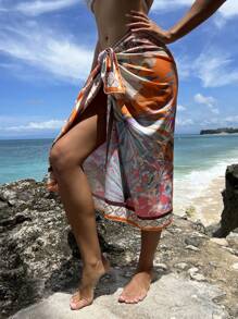 SHEIN Swim Summer Beach Floral Print Knot Side Cover Up Skirt