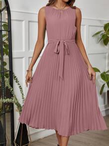 Ellevyn Women'S Solid Color Sleeveless Green Dress With Pleated Hem,Pastel Dresses For Women - Dusty Pink - View 2