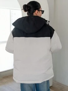 DAZY 双色落肩连帽棉服大衣，冬季女装，冬季女装外套 - 白色 - 查看 5