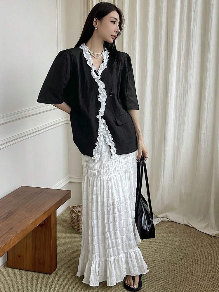 Ladies' Summer Casual Color Block Shirt With Frill Trim Linen