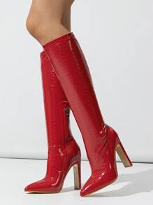 Botas con punta puntiaguda y tacón ancho para mujer, botas rojas con estampado animal para bailar, bodas, Día de San Valentín, botas elásticas sexys para otoño/invierno Día de los Enamorados