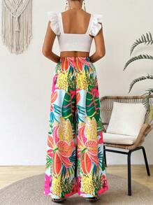 SHEIN VCAY Calças Casuais de Perna Larga em Estilo de Férias com Estampa de Planta Tropical para Mulheres - Multicolorido - Visão 2