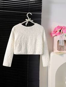 SHEIN Tween Girls' Shiny Sequin Short Jacket - White - View 2