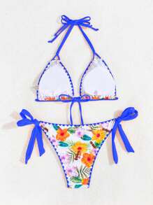 Swim Vcay Women's Tropical Plant Print Halter Neck Tie Sexy Bikini Set For Summer Beach, Random Print